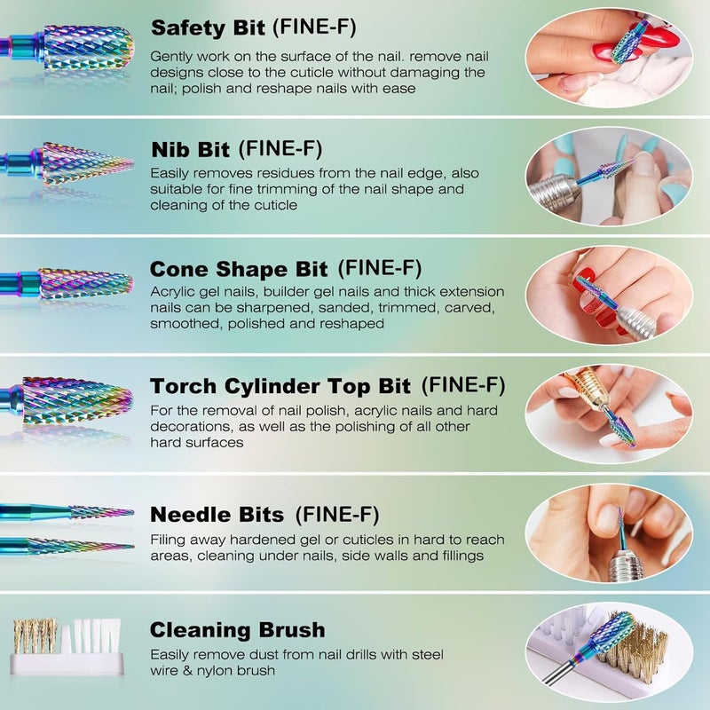 Rolokit 6PCS Nail Drill Bits Set with Cleaning Brush, 3/32 inch Professional Tungsten Carbide Nail Bits Cuticle Efile Nail Drill Bits, Remover Bits for Acrylic Gel Nail Tech Manicure Pedicure, Home Salon - Image 2